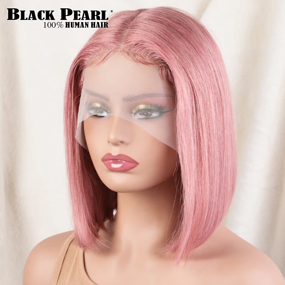 Peluca de cabello humano corto para mujer, postizo de encaje frontal sin pegamento, color rosa, prearrancado, transparente