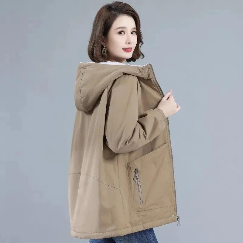 Autumn Winter Casual Windbreaker Women New Loose Hooded Trench Coat Pure Colour Fashion Outerwear Thicken Parka Overcoat Female