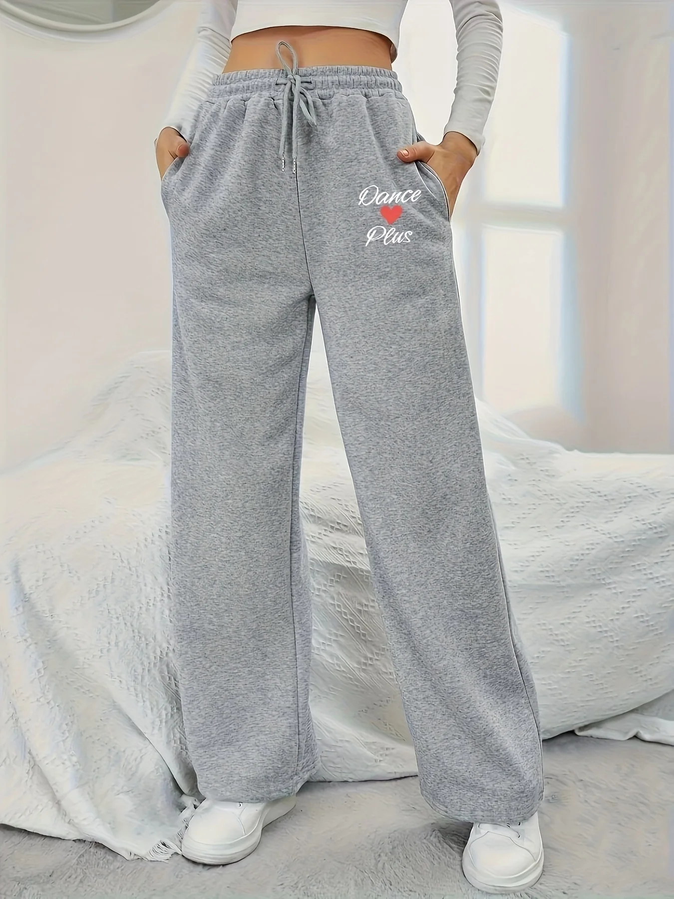 المرأة الخريف والشتاء حجم كبير طباعة القلب فضفاض مستقيم الصوف الساق Sweatpants حزام مطاط الشارع الشهير تنوعا