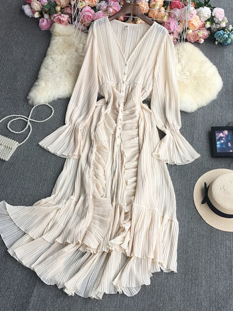 Purple/Brown/Red Chiffon Pleated Long Dress Women Vintage V-Neck Flare Sleeve Draped Ruffle Vestido Female Maxi Robe Spring Fall