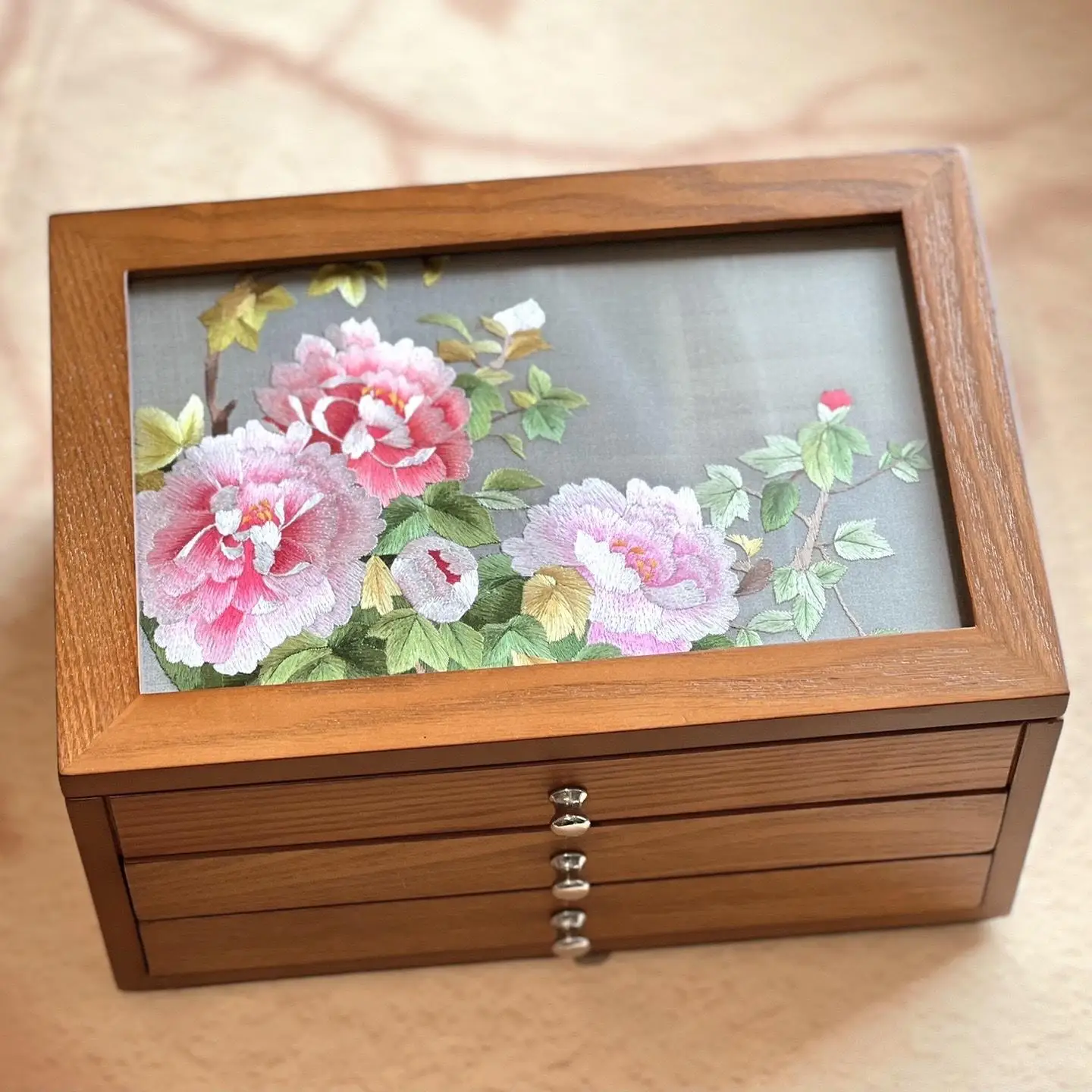 Suzhou embroidery double-sided embroidered wooden jewelry box three-layer jewelry storage retro style exquisite high-end