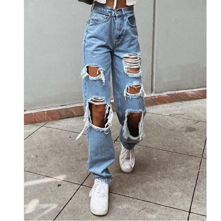 Ripped Vintage Woman's Jeans Distressed  Streetwear Hole Hip Hop High Waist Pants Fashion Straight Denim Trousers Summer Jean