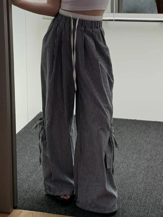 아메리칸 스타일 레트로 스트라이프 캐주얼 바지 여성 여름 새로운 탄성 허리 벨트 넓은 다리 긴 바지 여러 포켓