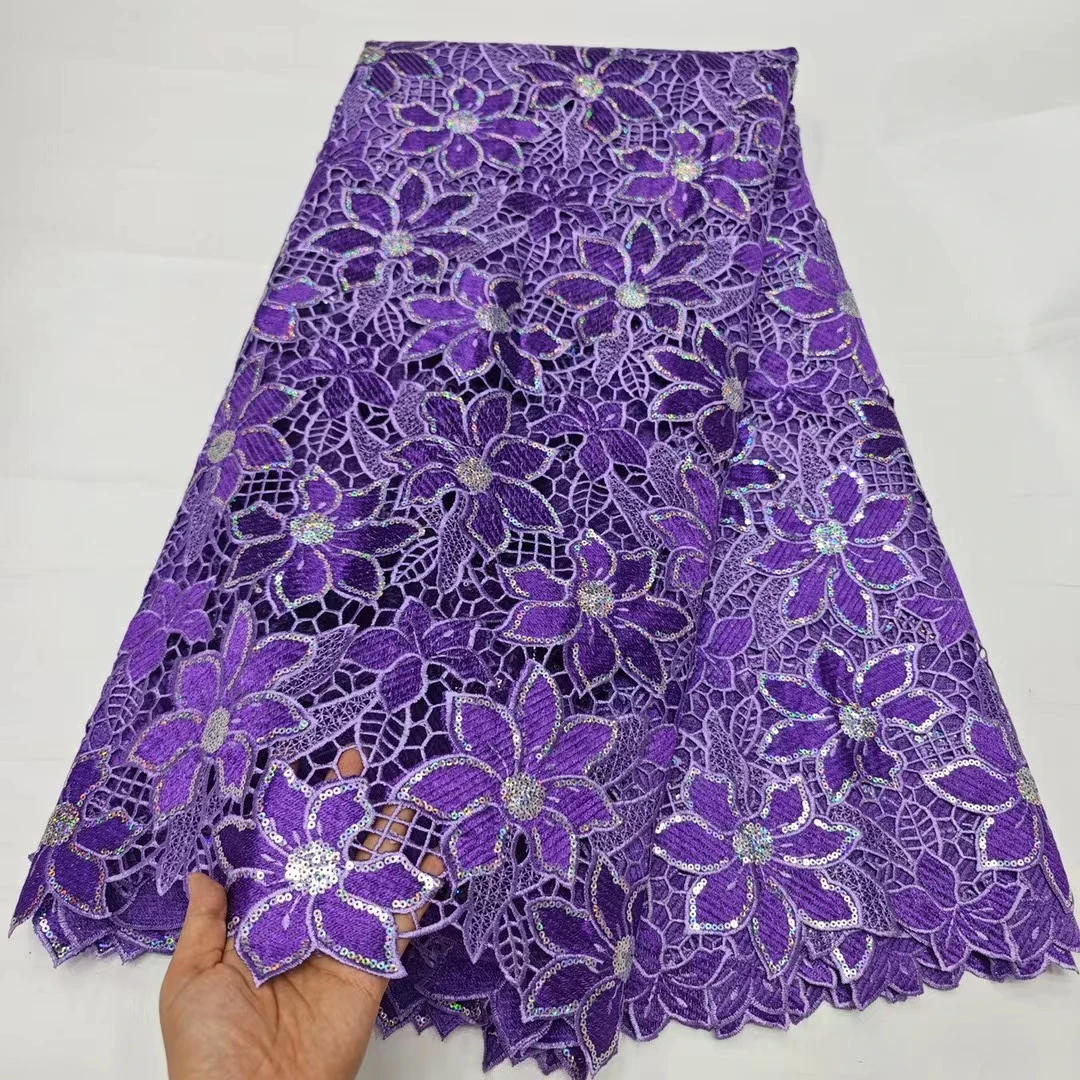 

NHDG06 Purple!New arrival African guipure cotton lace with sequins,nice looking embroidered cord lace for party/wedding dress