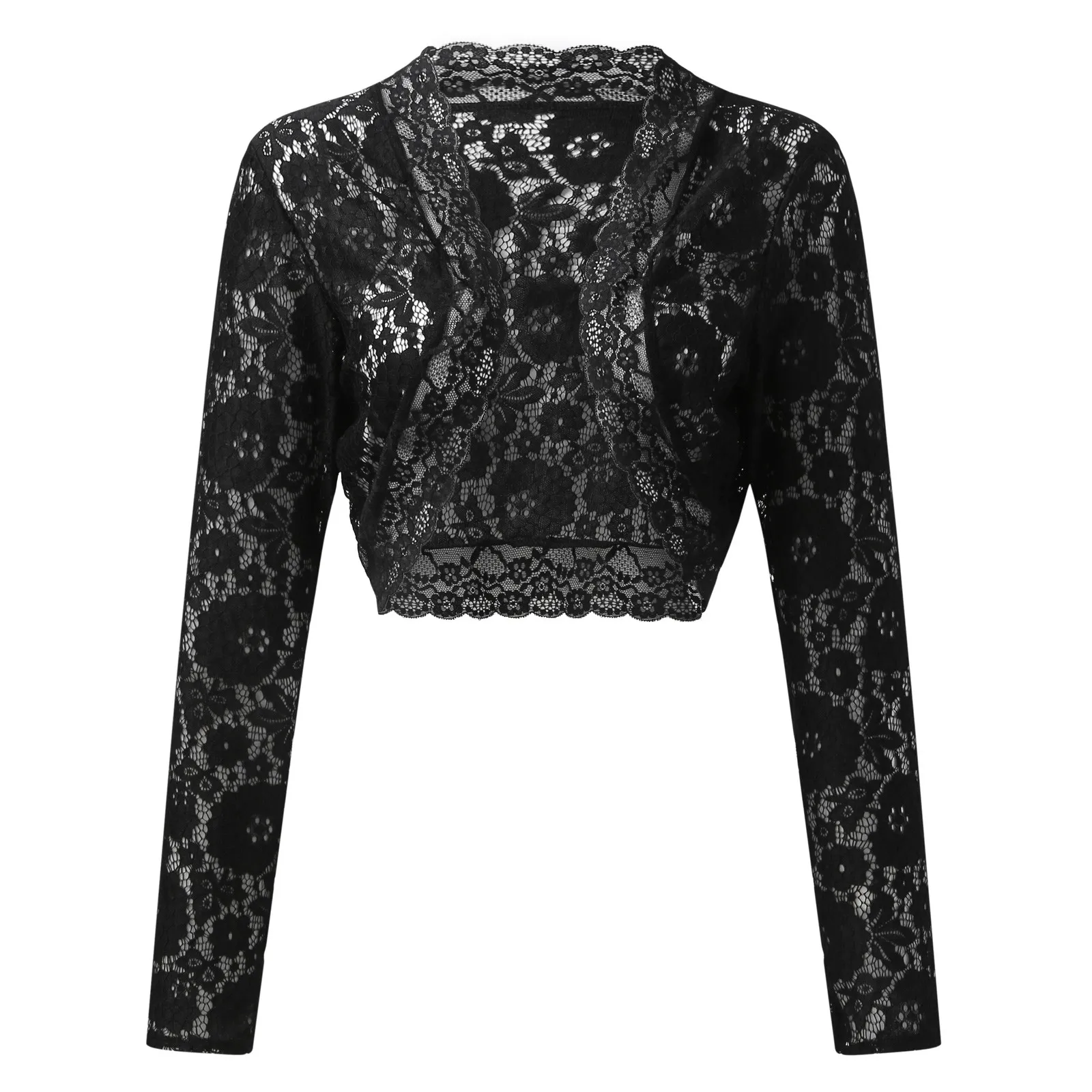 Black Floral Lace Long Sleeve Crop Cardigan Tops Women Adults See-Through Shawl Cardigan Lace Bolero Shrug Women Cape Ponchos