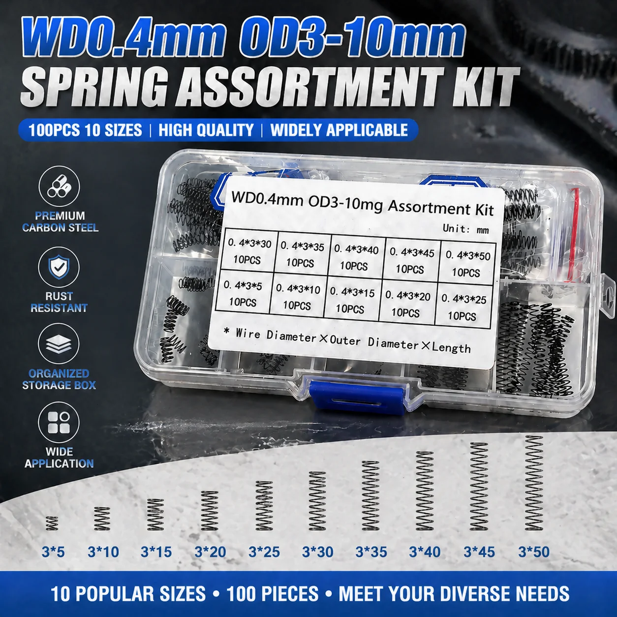 10 Sizes 100Pcs 304SUS 65MN High Tension Compression Spring, WD 0.4mm OD 3-10mm Flexible Elastic Spring Assortment Set