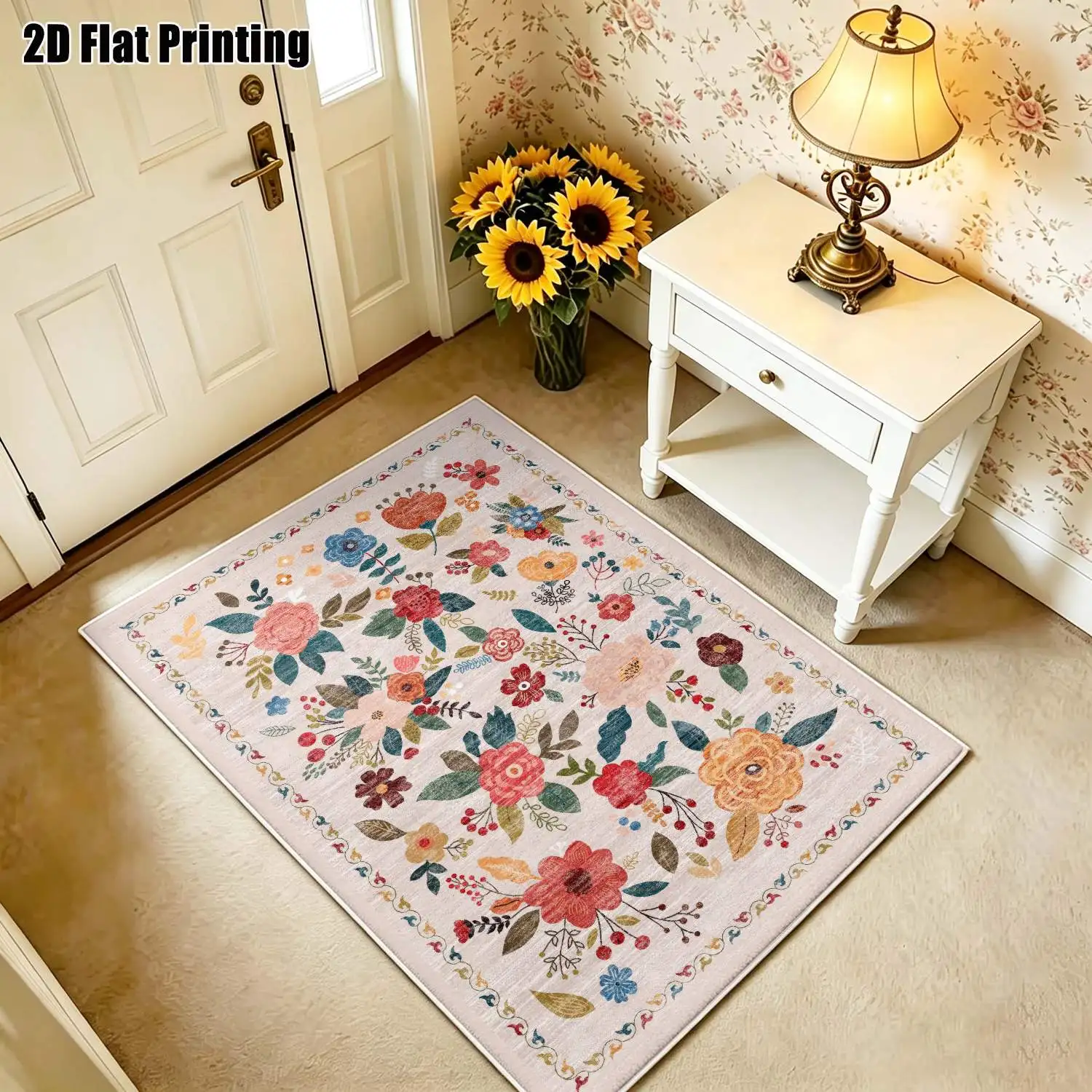 1Pc 2D Printed Floral Velvet Carpet, Nordic/European/Bohemian/Modern Minimalist/Instagram Style Floor Mat, Home Decor, Multi-Size, Machine Washable, for Entrance, Dining, Foyer, Living Room, Bedroom, Study