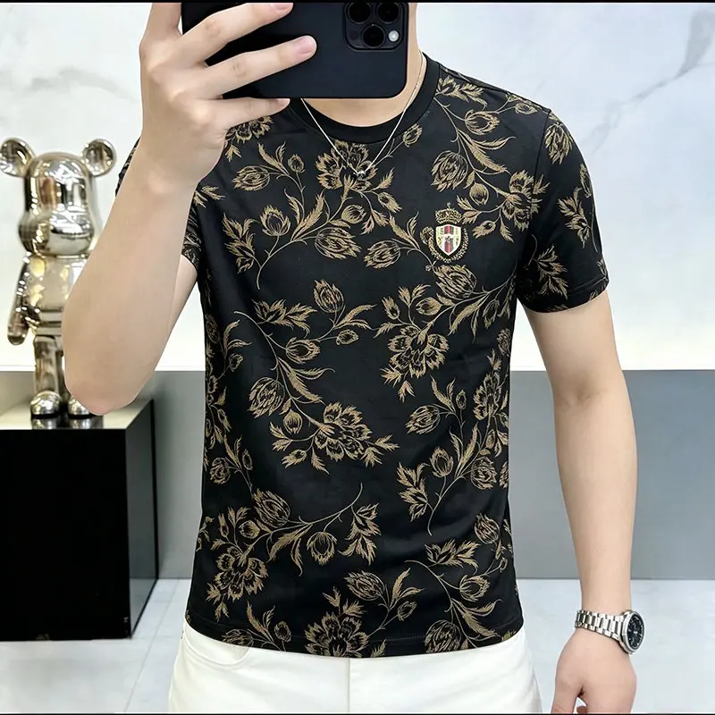 Bronzing Print Brand Shirts For Men Short Sleeve Trendy Coolness Summer Quality Silky Comfortable Streetwear Camisetas De Hombre