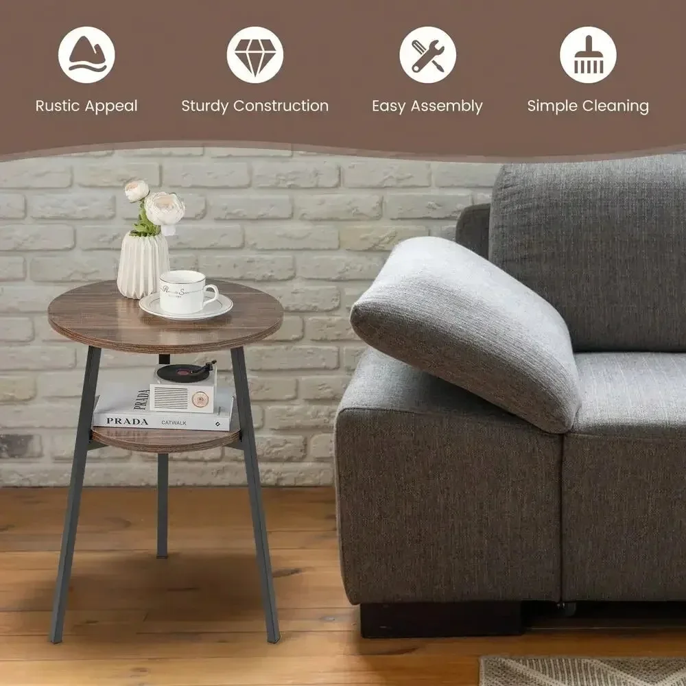 2-Tier Round Nightstand Bedside End Table for Bedroom Living Room Brown