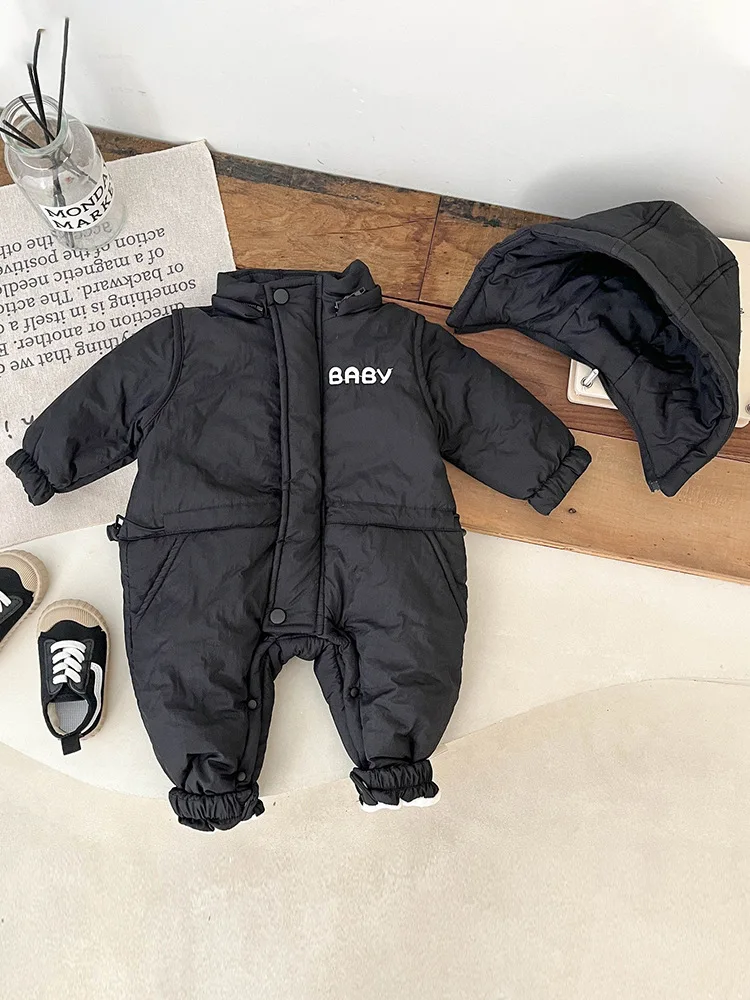 2024 Winter New Baby Plus Velvet Thick Warm Romper Toddler Boy Girl Letter Jumpsuit Newborn Infant Warm Padded Clothes 0-3T