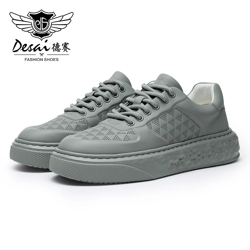 DESAI Brand Men Casual Shoes Sports Soft Outsole White Full Grain Leather Shoes Men Male 2023 Punch Design Breathable