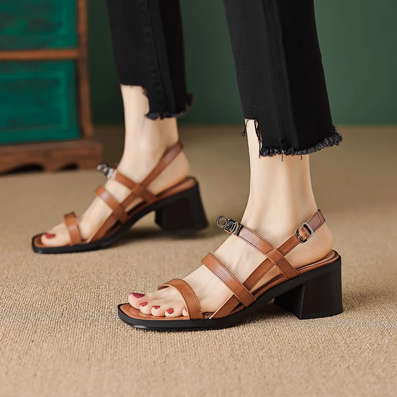 2023 New Narrow Band Basic Concise Women Sandals Summer Thick Heels Split Leather Fashion Pumps Office Lady Party Shoes Woman