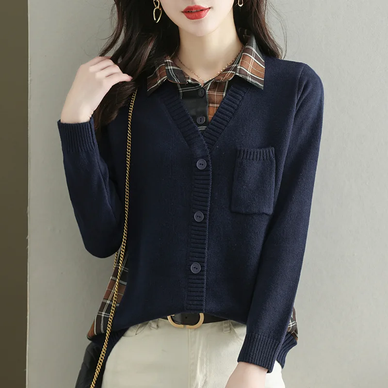 

New Women's Spring Autumn Bottom Shirt Fake Two Piece Knitted Long Sleeve Top Short Cardigans Sweater Femme Knitwears Coat