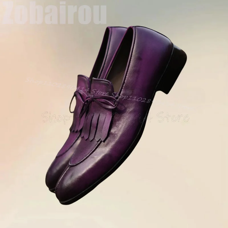 

Purple Tassels Bow Knot Matte Leather Loafers Fashion Slip On Men Shoes Luxurious Handmade Party Feast Banquet Men Dress Shoes