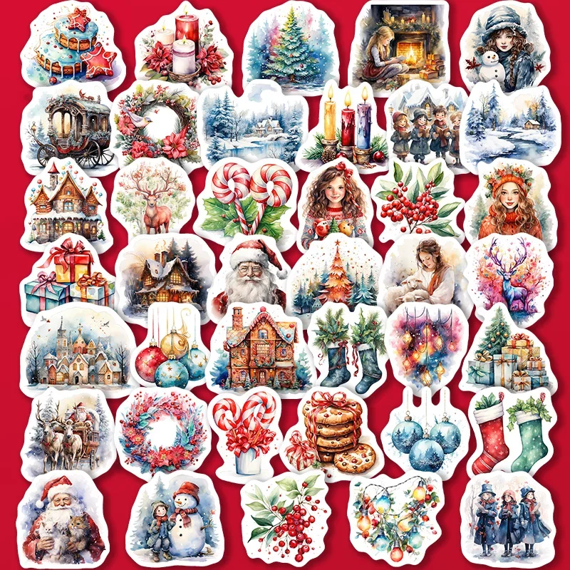 40 Pcs Watercolor Christmas Sticker Santa Claus Holiday Season Snowman Tree Waterproof Aesthetic Stickers Scrapbooking Material