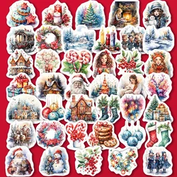 40 Pcs Watercolor Christmas Sticker Santa Claus Holiday Season Snowman Tree Waterproof Aesthetic Stickers Scrapbooking Material