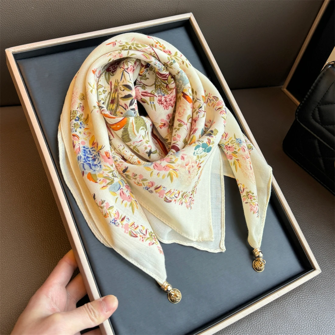 2024 new floral shawl women\'s cotton and linen thin scarf size 90*90 square multifunctional scarf decorative scarf scarf