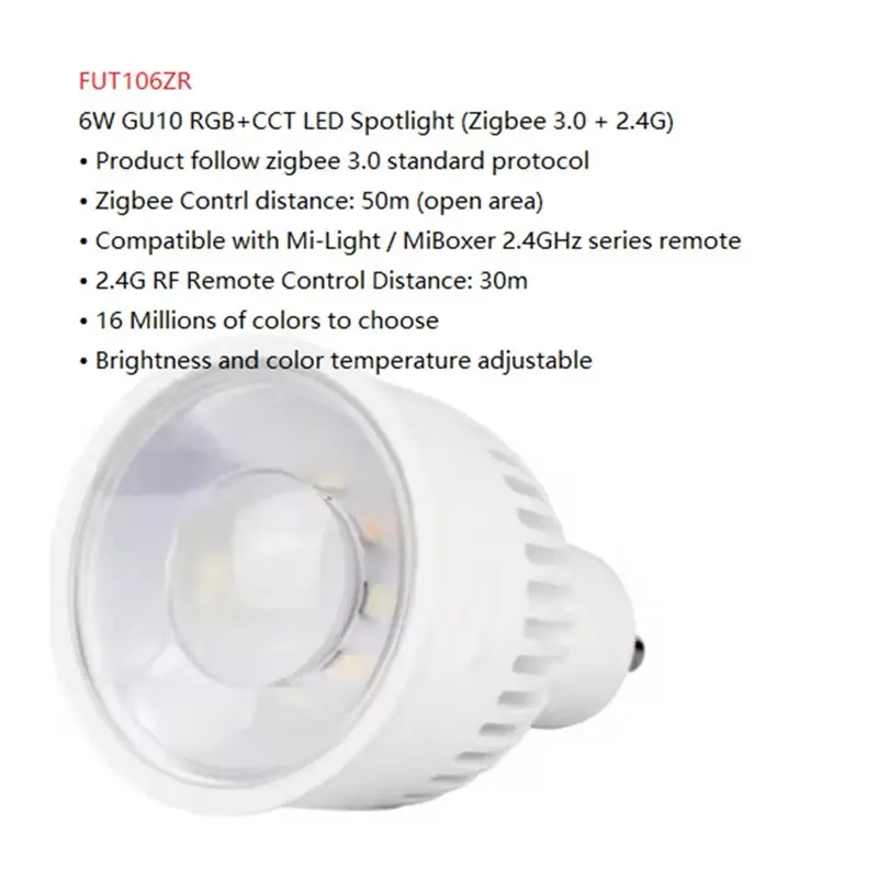 ABJN-FUT106ZR Intelligent TUYA 6W GU10 RGB+ CCT LED Spotlight Zigbee 3.0+ 2.4G Brightness/Color Temperature Adjustment