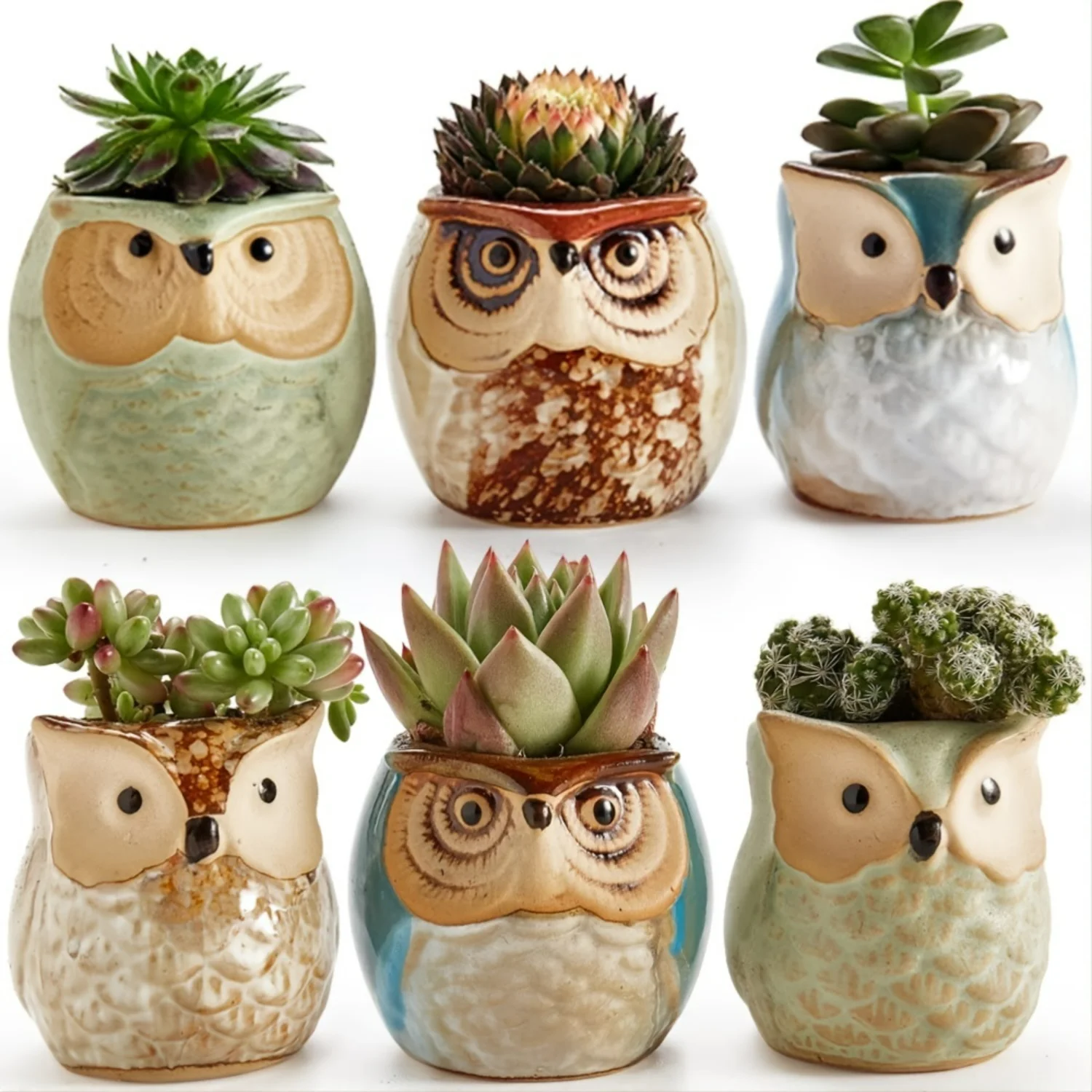 

6-Piece Owl Ceramic Planters Set - Succulent Pots with Drainage Holes - Artistic Garden Decor