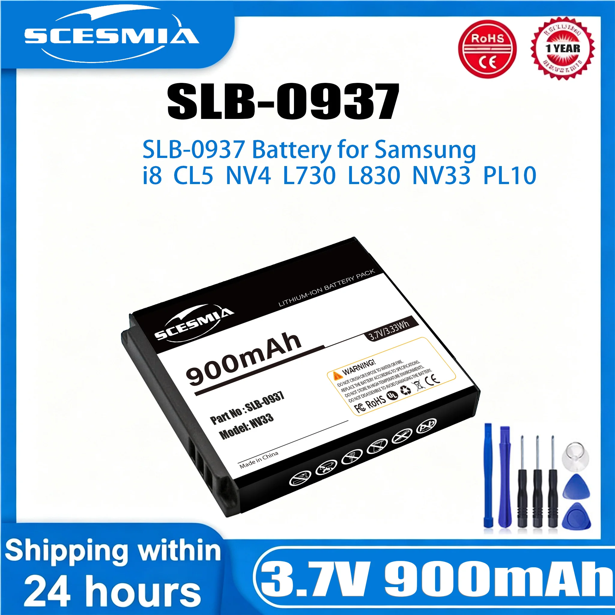 Camera Battery 3.7v 900mAh SLB0937 Rechargeable Batteries for Samsung CL5 CL50 I8 L730 L830 NV4 NV33 PL10 ST10 Battery