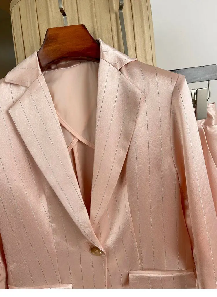 Women Prom Pink Stripe Stain Suit Noted Jacket Coat Tops And Pant Two Piece Set Matching Outfit Office Ladies 2023 Summer Cloth