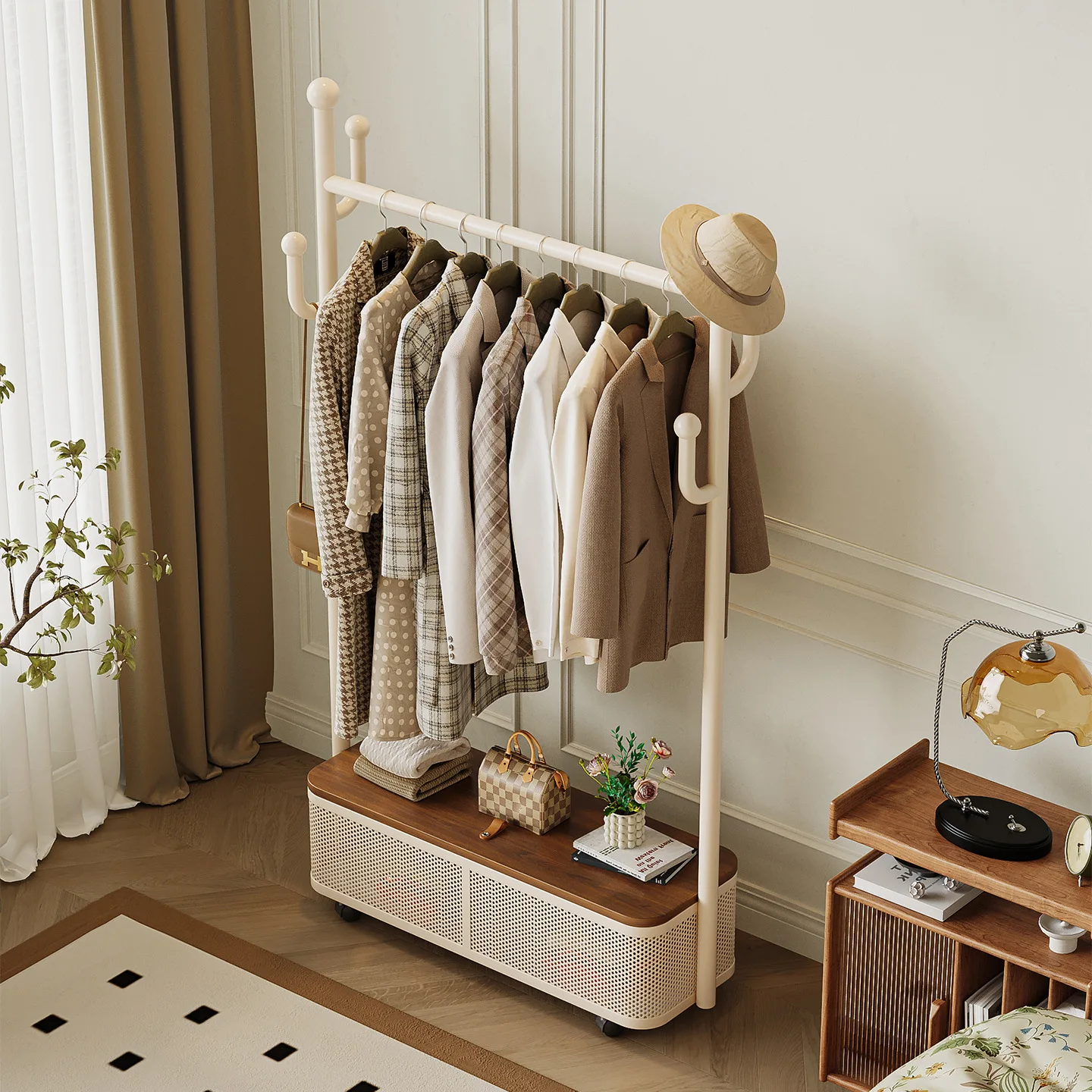 Household coat rack Practical hanger Mobile storage Solid wood walnut cactus hanger