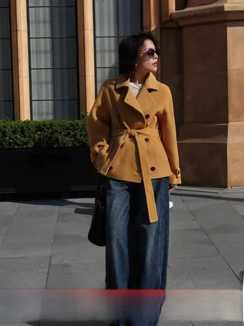 

Двубортное пальто из шерсти альпаки с поясом Dzwz0074, женское повседневное длинное пальто средней длины, однотонное, простое, элегантное