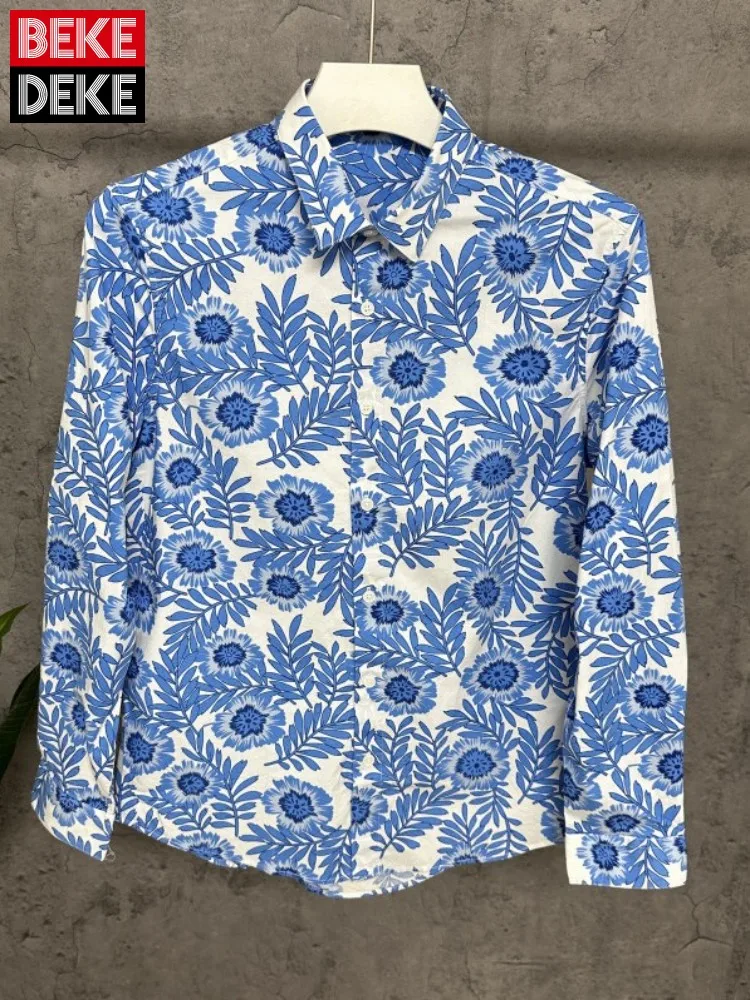 

Новая мужская рубашка с принтом, весенне-осенняя, с длинным рукавом, на пуговицах, с отложным воротником, повседневная, модная, приталенная, для мужчин