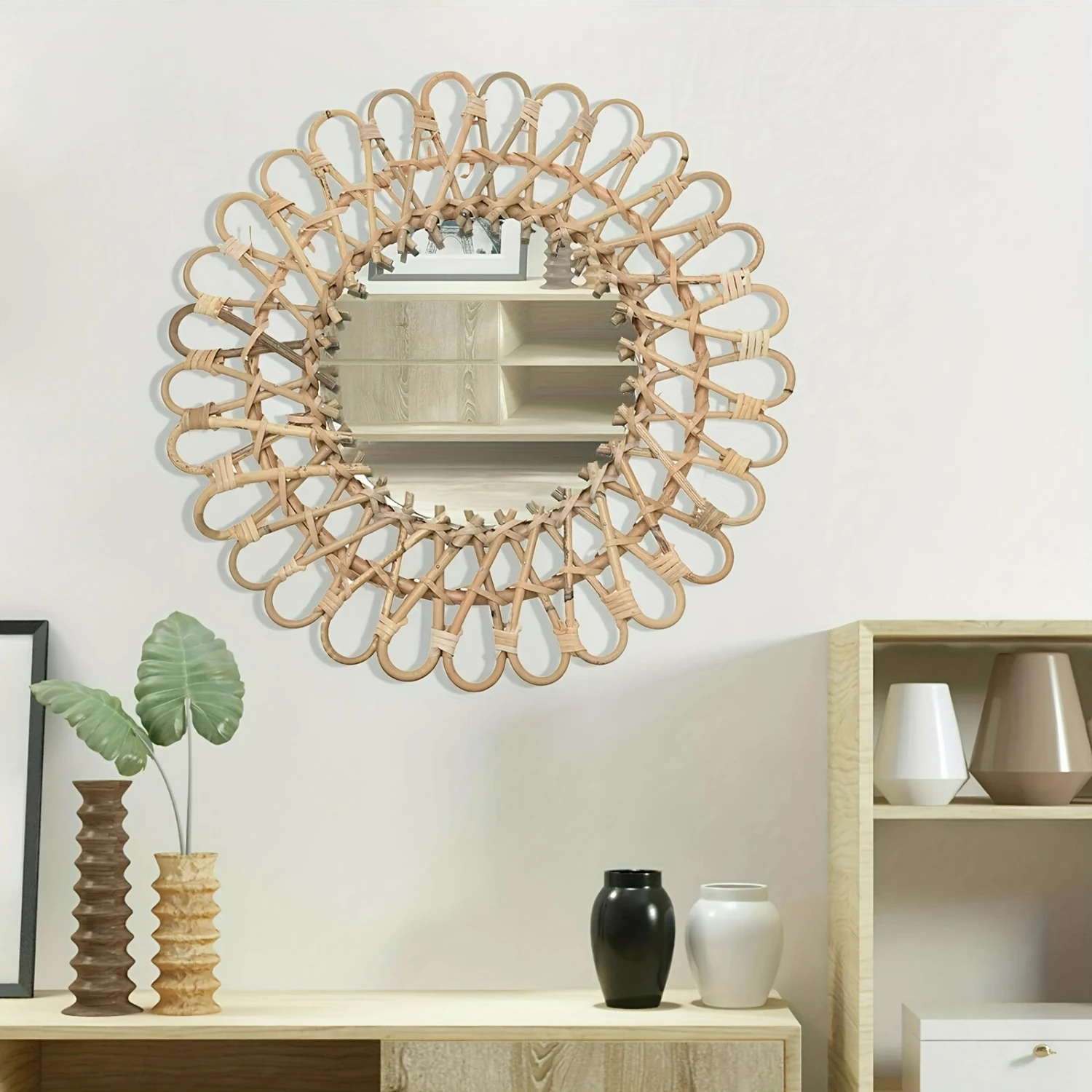 

Rustic Round Natural Rattan Woven Wall Hanging Mirror - Handcrafted, Unique Decor Accent - Wooden , Distressed Finish, Nature-I