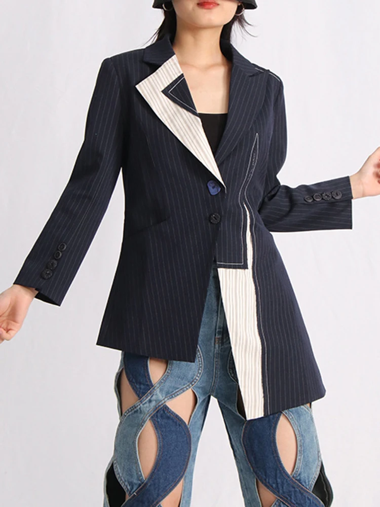 DEAT Fashion Women\'s Stripe Blazer Patchwork Notched Waist Retraction Irregular Hem Slim Suit Jackets Summer 2024 New 1DH5930