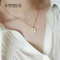 Retro Colorful Tulip Flower Round Drip Oil Pendant Necklace for Women Stainless Steel 18k Gold Plated Jewelry