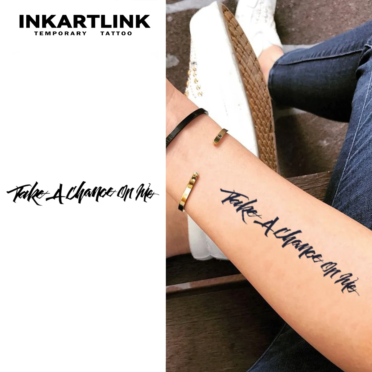 INKARTLINK Englische handgeschriebene Tattoo-Aufkleber, 1-2 Wochen haltbar, 'Take A Chance On Me' stilvolles Kombi-Schriftbild