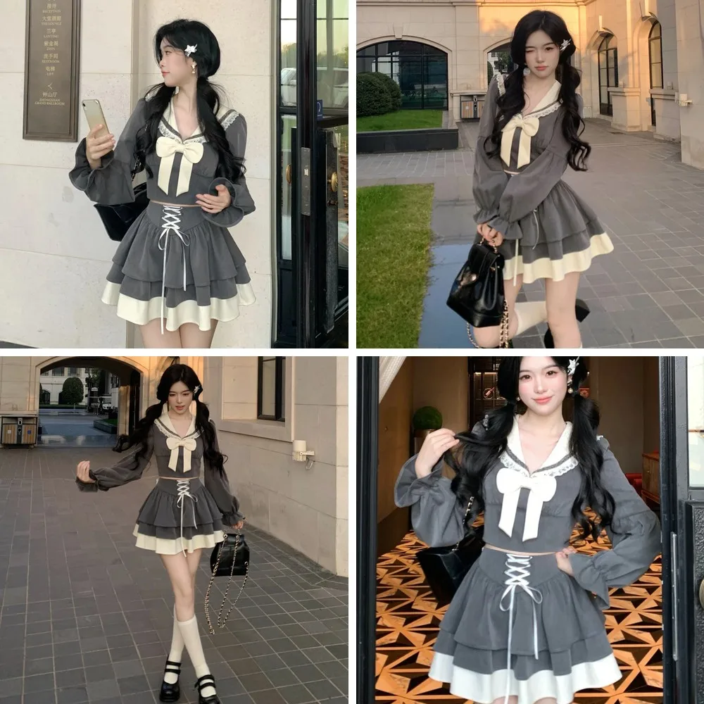 

Y2K Women's 2-Piece Set: Kawaii Crop Top & Mini Skirt, Vintage Korean Fashion