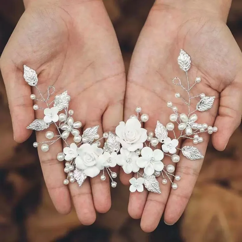 1Pc Wedding Crystal Leaf Hair Jewelry Hair Vine Headdresses for Brides Pearl Flower Head Hair Clips Accessories HLHH02