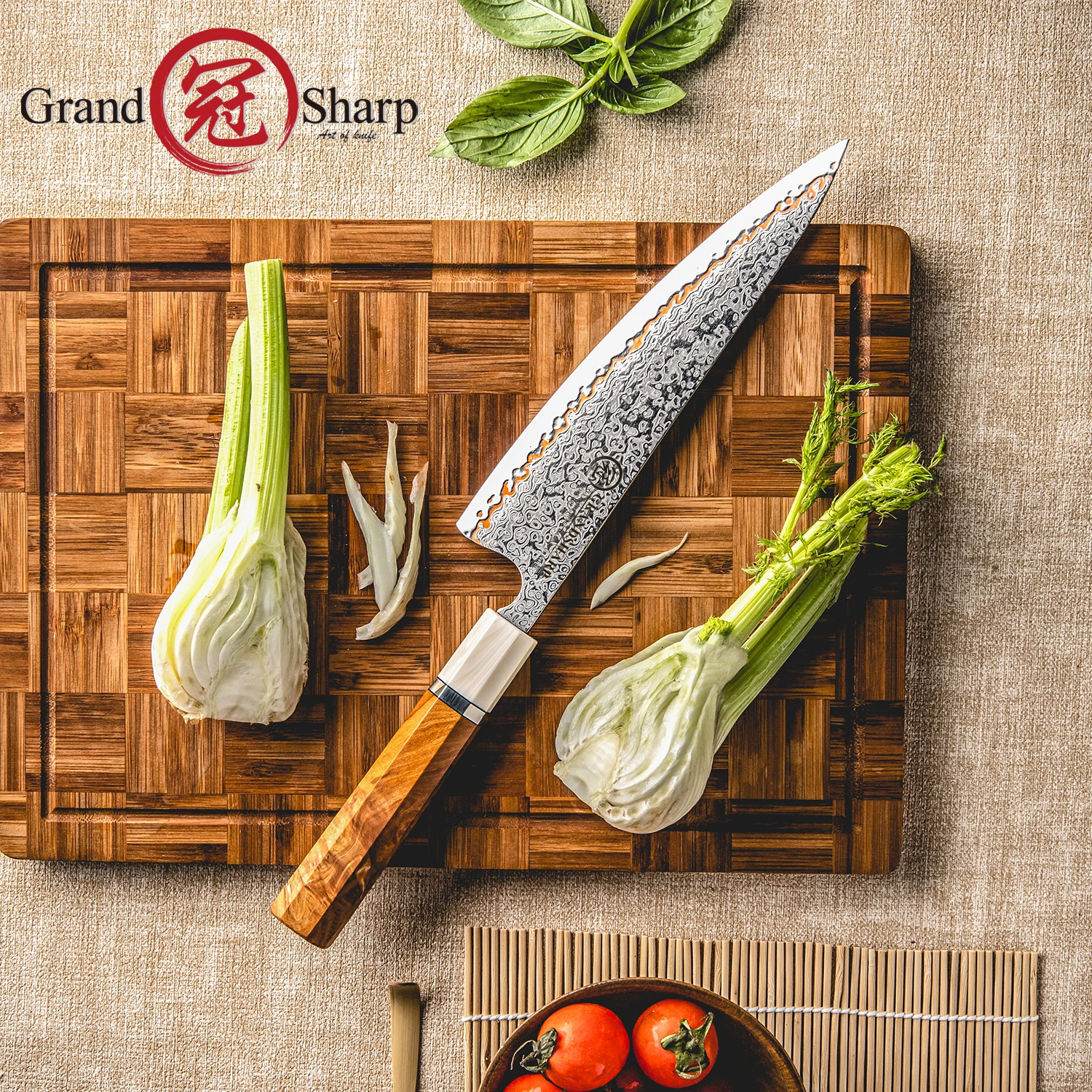 

Кухонный нож Grandsharp 8 дюймов, 55 слоев, из дамасской стали с медным покрытием, сердцевина из стали 10Cr15CoMoV, рукоять из упрочненной древесины и имитации слоновой кости, для нарезки.