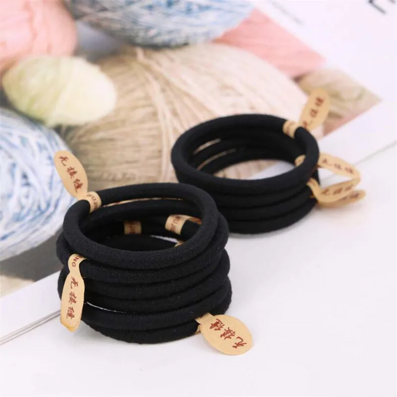 10PCS New style seamless labeling rubber band black basic hair tie high elastic hair rope 0.6 thick thread head rope