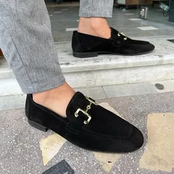 Loafers of Men Black Metal Decoration Breathable Slip-On Men Dress Shoes Size 38-46 Men Shoes Sapatos Formais Masculinos