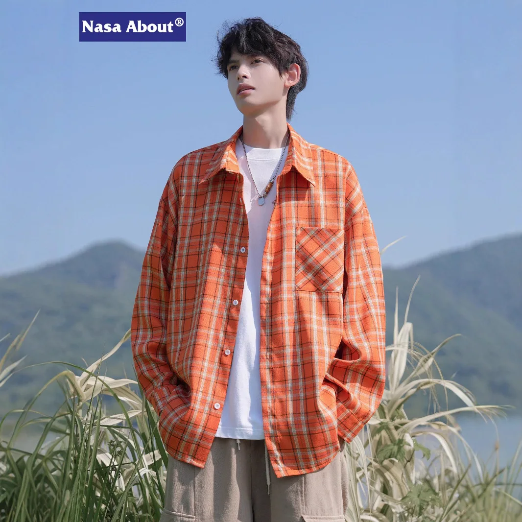 

Orange Checked Long-sleeved Shirt Men's Spring and Autumn Summer Trendy Brand Loose Large Size Casual and Fashionable Shirt