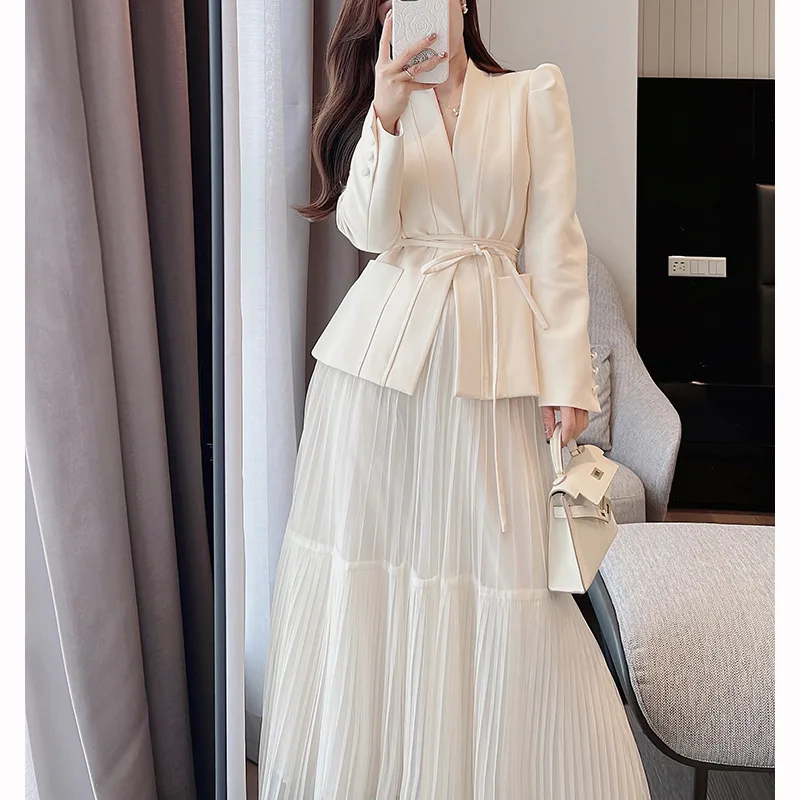 2023 New Spring Autumn Women Skirt Suit Elegant Korean Lace-Up Fashion Blazer + Long Mesh Skirt Casual Evening Party 2-Piece Set