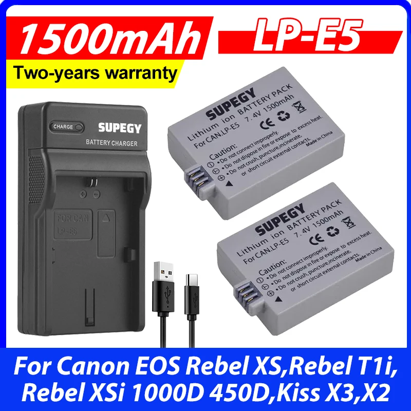 2Pcs 1500mAh LP-E5 LP E5 Battery + USB Charger for Canon EOS Rebel XS,Rebel T1i,Rebel XSi 1000D 450D,Kiss X3,X2,F