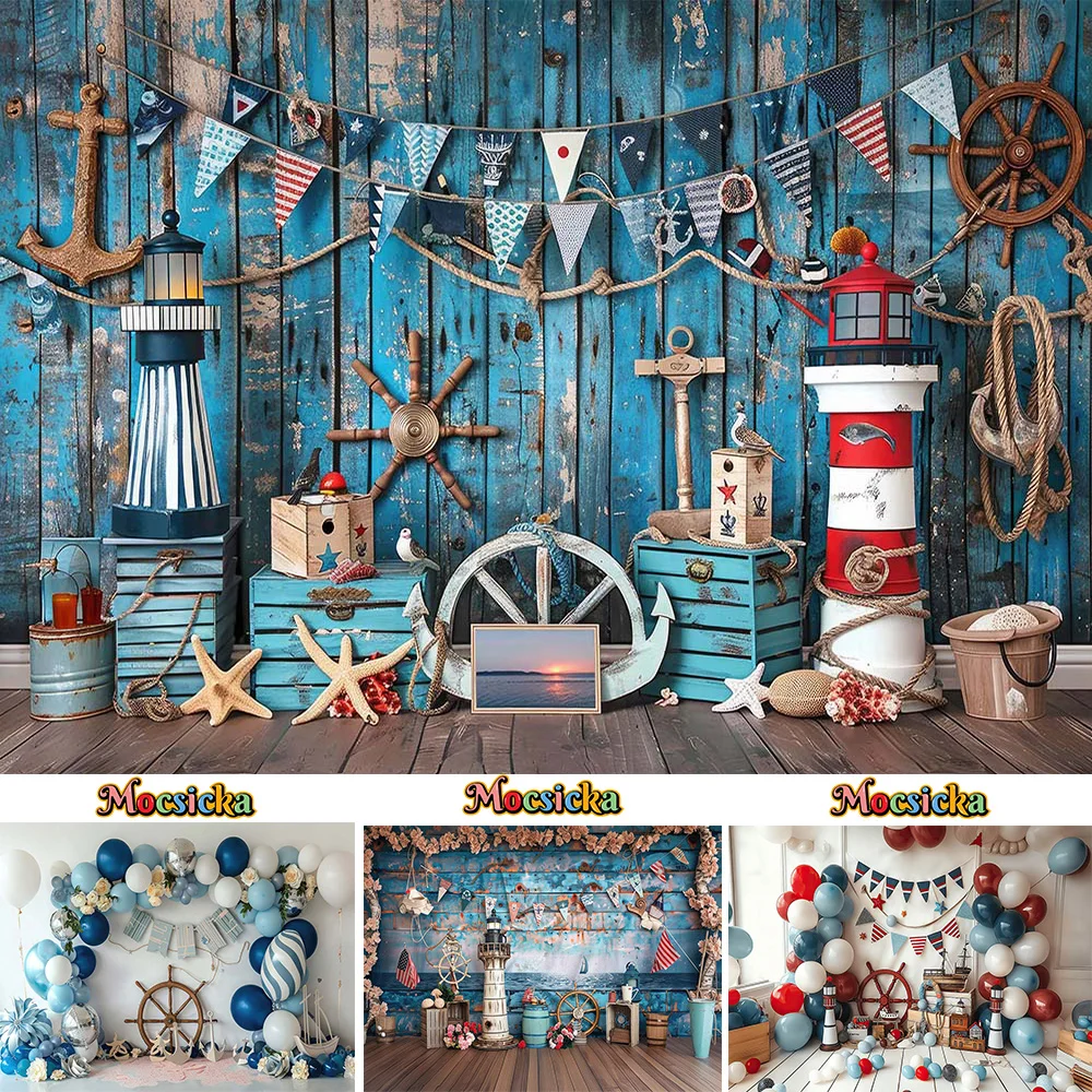 Boy 1st Birthday Nautical Theme Party Background Blue Wooden Board Balloon Backdrop Sailor Baby Show Kids Cake Smash Photo Booth