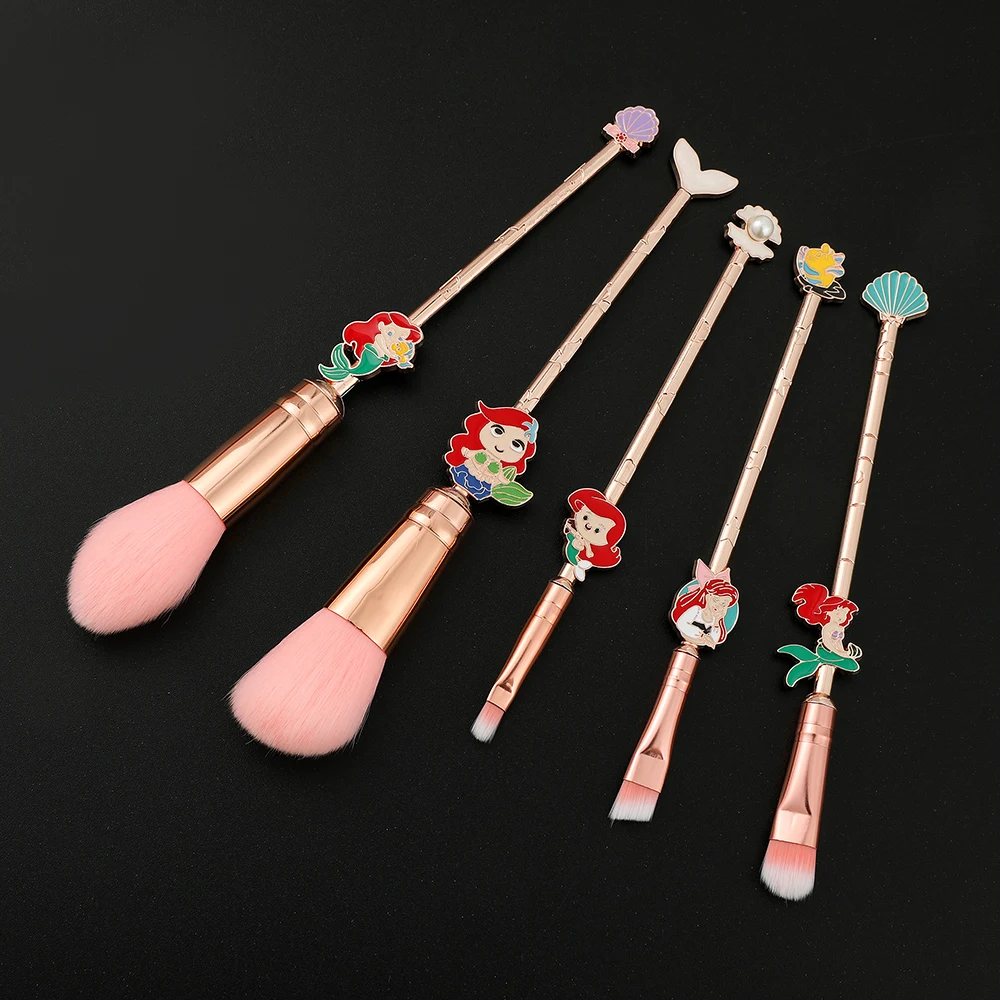 5Pcs/Set Disney Cartoon Character Eyebrow Pencil Blush Brushes Q Version Cute Little Mermaid Madam Kawaii Cosmetic Brush