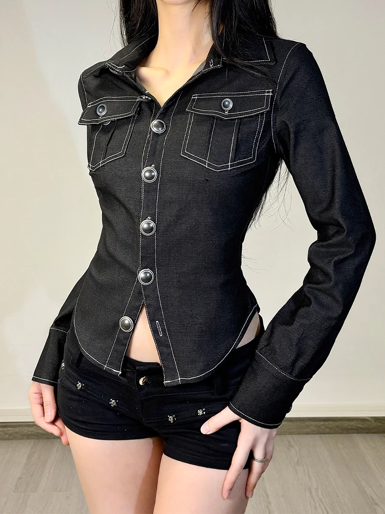 قميص نسائي قصير بأكمام طويلة لخريف وشتاء 2025 بلوزة جيارو من قماش الدنيم Y2k 2000s تصميم علوي Gyaru Harajuku مد عتيق جديد في