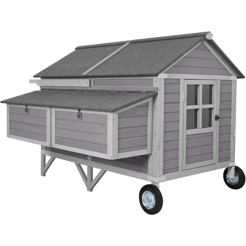 Chicken Coop Mobile Wooden Hen House with Nesting Box with Strong Iron Frame, Poultry Cage