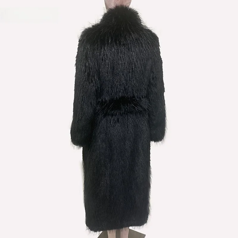 Nerazzurri Women's Long Loose Fur Coat Black Fluffy Artificial  Fur Winter Outerwear Youth Fashion Korean Style