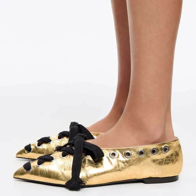 

Big Size 44 Women Flat Heels Sandals Front Cross Lace up Ballet Shoes Pointed Toe Office Lady Metal Circles Decor Pumps
