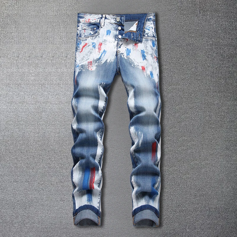 

Fall Paint Speckled Ink Men Denim Trousers Skinny Denim Motorcycle Pants Small Straight Elastic Slim Jean Men High Street Jean