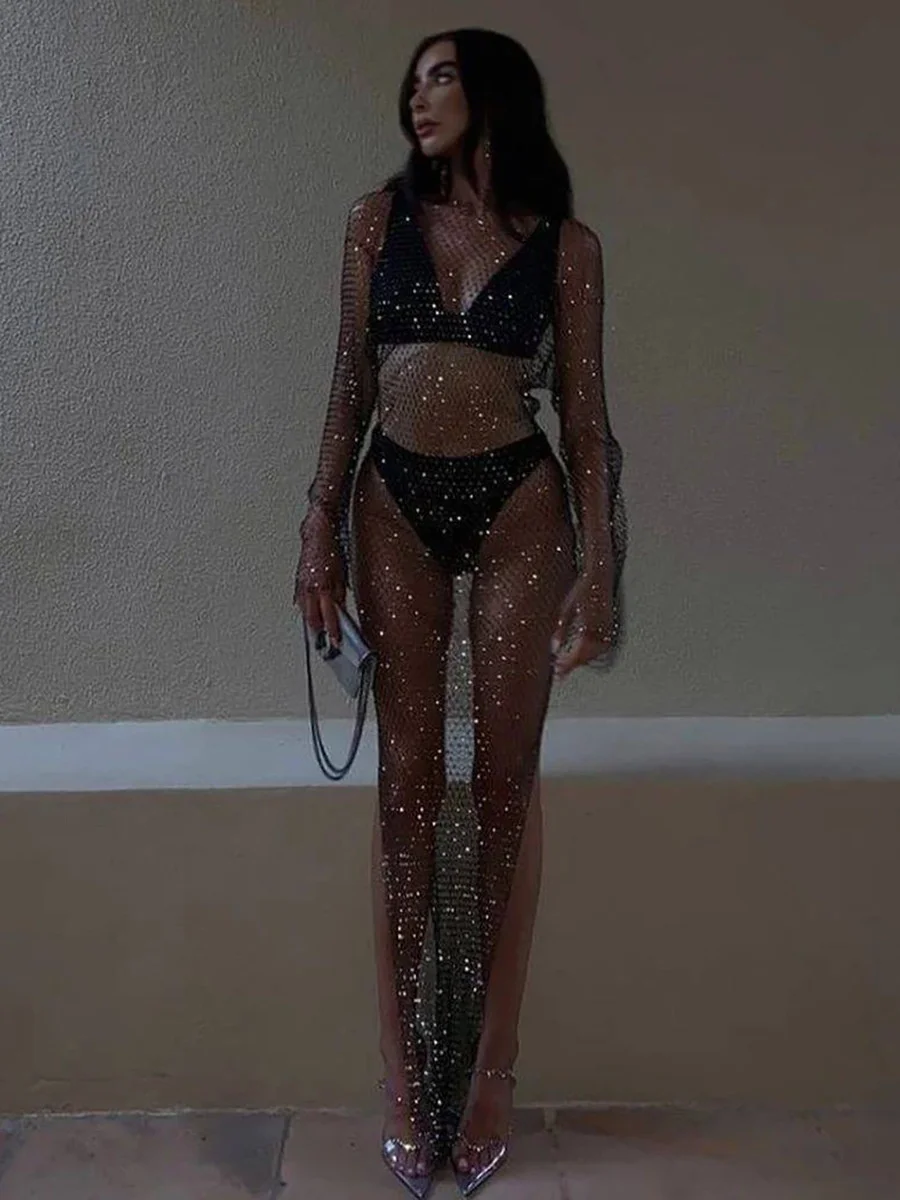 Y2K-vestido Sexy de rejilla con diamantes de imitación brillantes, vestido de rejilla de manga larga con abertura lateral, vestido de playa transpirable para mujer