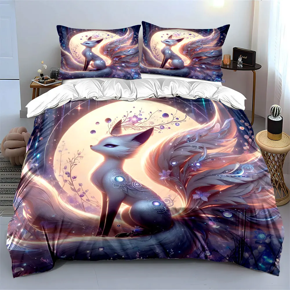 Enchanted nine-tailed fox under moonlight Duvet Cover Set with 3D Printing Design Soft Polyester Bedding Set All-Season Comfort