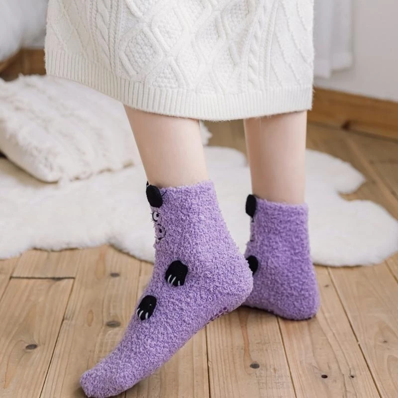 Vrouwen Winter Koraal Fluwelen Fuzzy Slipper Sokken met Grijpers Schattige Dieren Borduren Oren Poten Pluizige Antislip